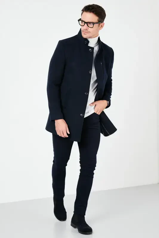 Slim Fit Buttoned Stand-Up Collar Wool Blend Coat Men's Coat 5840099-NAVY - 4