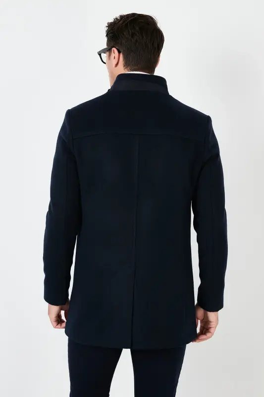 Slim Fit Buttoned Stand-Up Collar Wool Blend Coat Men's Coat 5840099-NAVY - 5