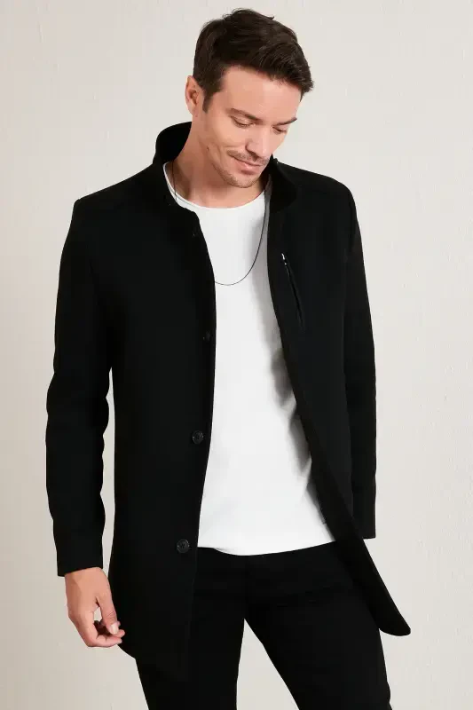 Slim Fit Buttoned Stand-Up Collar Wool Coat Men's Coat 5840099-BLACK - BURATTI