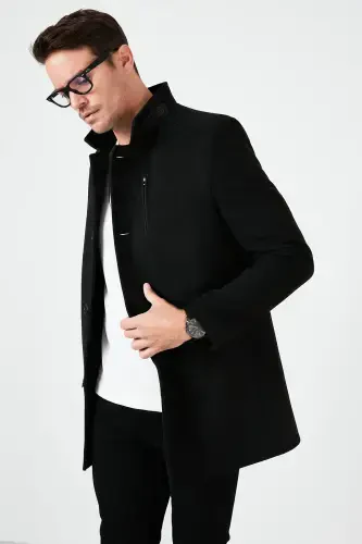 Slim Fit Buttoned Stand-Up Collar Wool Coat Men's Coat 5840099-BLACK - 3