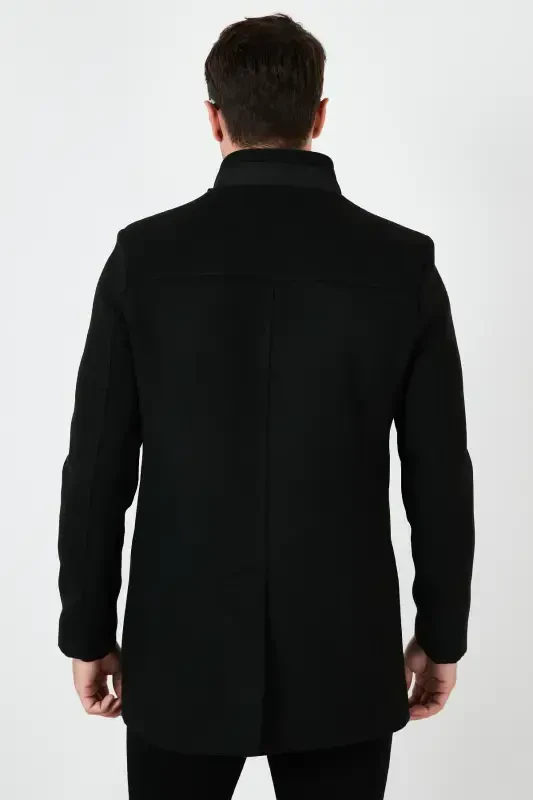 Slim Fit Buttoned Stand-Up Collar Wool Coat Men's Coat 5840099-BLACK - 5