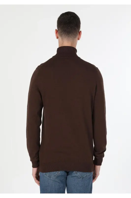 Slim Fit Balıkçı Yaka Jakarlı Erkek Camel Kazak - 2