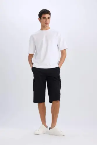 Slim Fit Cargo Pocket Basic Plain Capri Shorts-Black - 4
