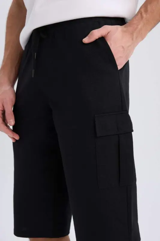 Slim Fit Cargo Pocket Basic Plain Capri Shorts-Black - 6