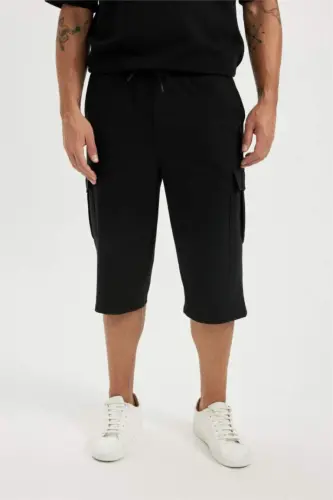 Slim Fit Cargo Pocket Basic Plain Capri Shorts-Black - 1