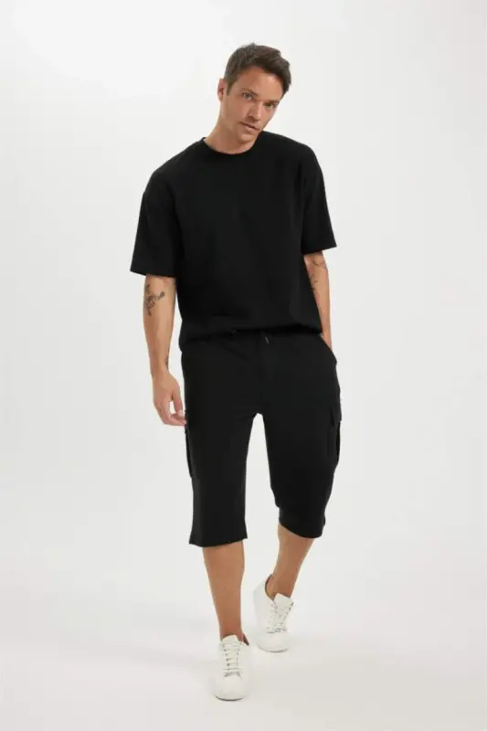 Slim Fit Cargo Pocket Basic Plain Capri Shorts-Black - 2