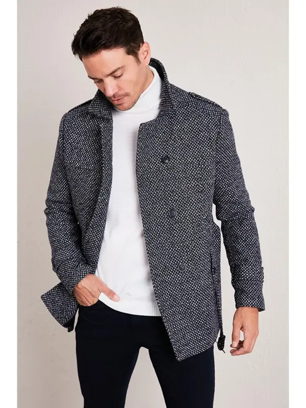 Slim Fit Cepli Pamuklu Kaşe Erkek Kaban 5841015-Lacivert - 2