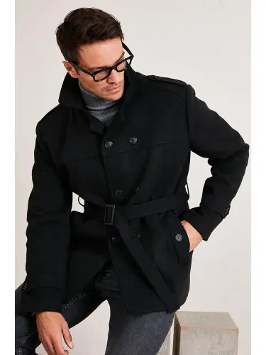 Slim Fit Cepli Paxtali Kaşe Kaban 5841015-Kulrang - 1