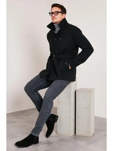 Slim Fit Cepli Paxtali Kaşe Kaban 5841015-Kulrang - 4