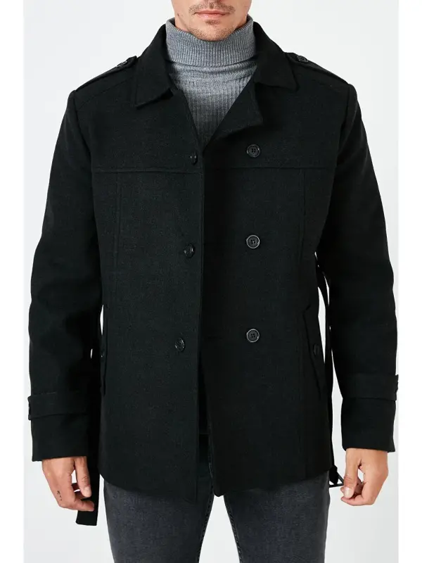 Slim Fit Cepli Paxtali Kaşe Kaban 5841015-Kulrang - 7