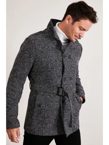 Slim Fit Cepli Paxtalik Kaşmir Palto 5841015-Qora - 1