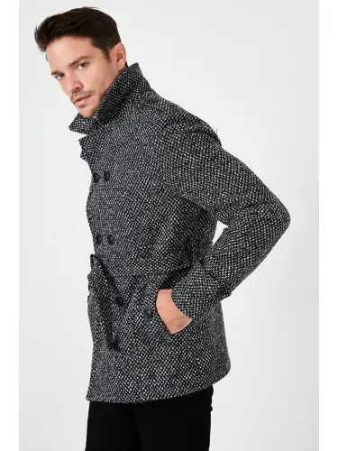 Slim Fit Cepli Paxtalik Kaşmir Palto 5841015-Qora - 3