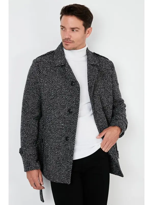 Slim Fit Cepli Paxtalik Kaşmir Palto 5841015-Qora - 4