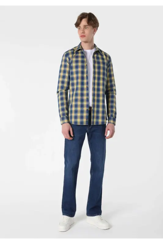 Slim Fit Checked Blue Men's Long Sleeve Shirt - 3