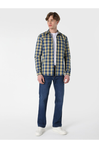 Slim Fit Checked Blue Men's Long Sleeve Shirt - 3