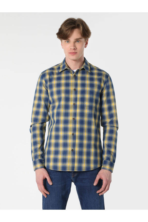 Slim Fit Checked Blue Men's Long Sleeve Shirt - 4