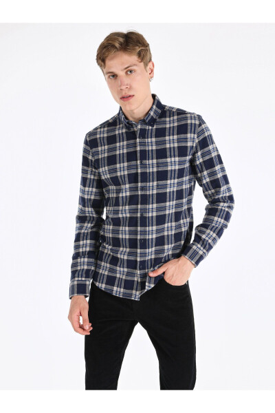 Slim Fit Checked Navy Blue Men's Shirt - 1