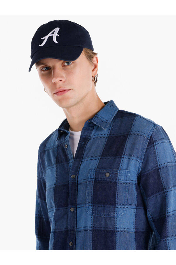 Slim fit, checkered blue men's long-sleeved shirt. - 4