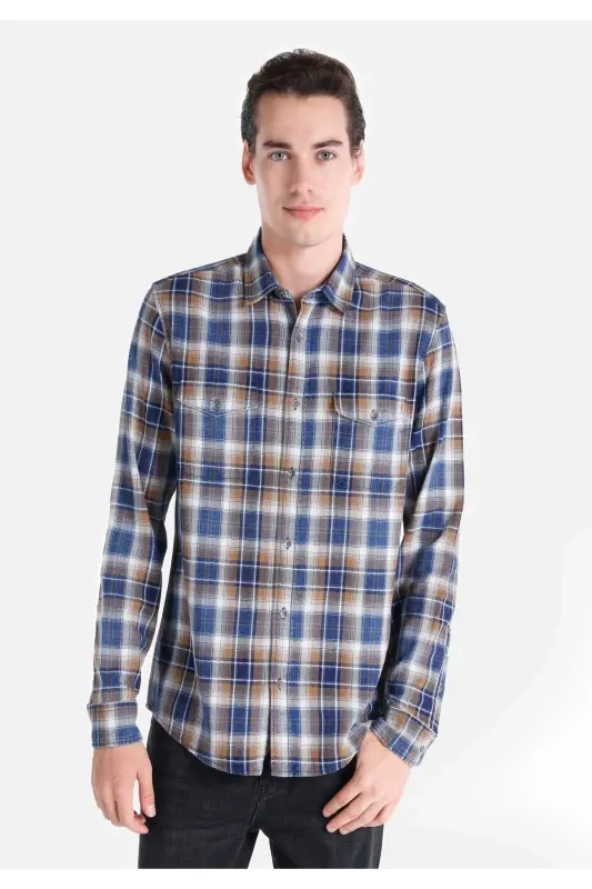 Slim fit checkered blue men's long-sleeved shirt - 1