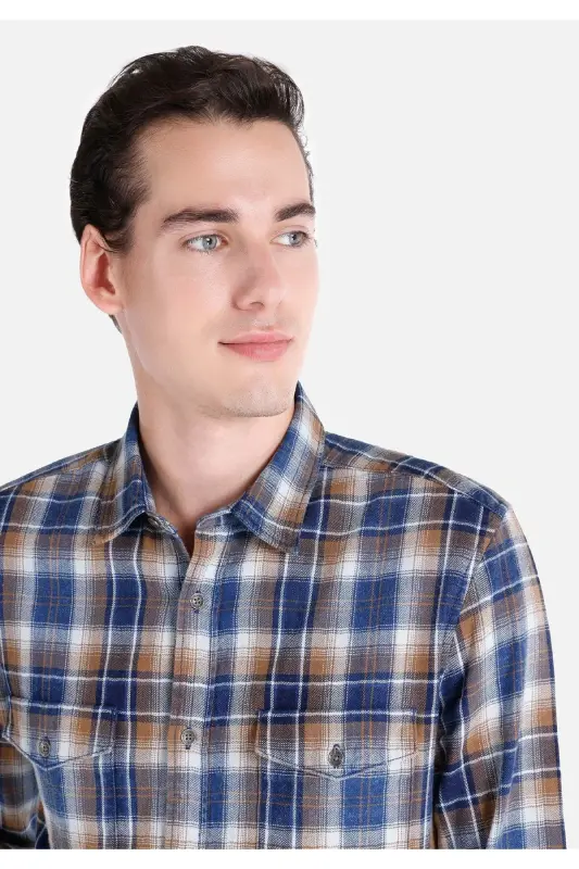 Slim fit checkered blue men's long-sleeved shirt - 4