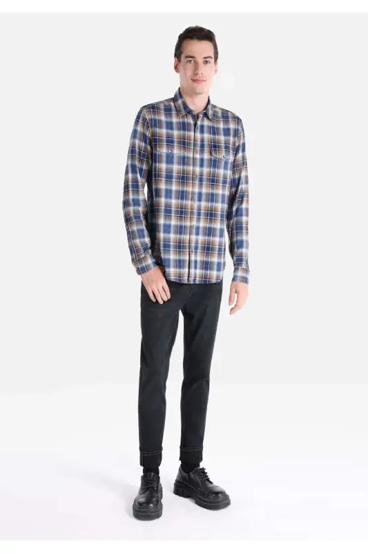 Slim fit checkered blue men's long-sleeved shirt - 3