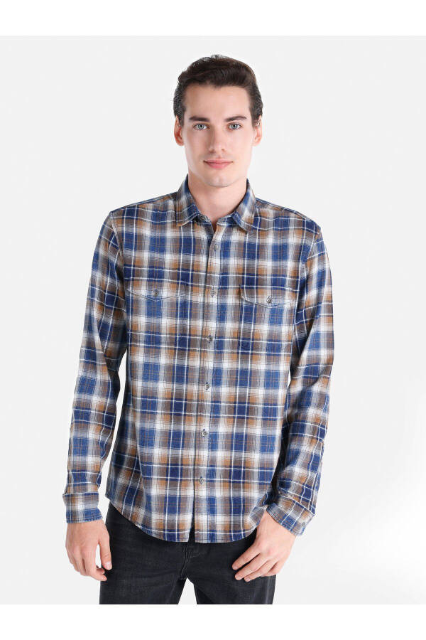 Slim fit checkered blue men's long-sleeved shirt - 1