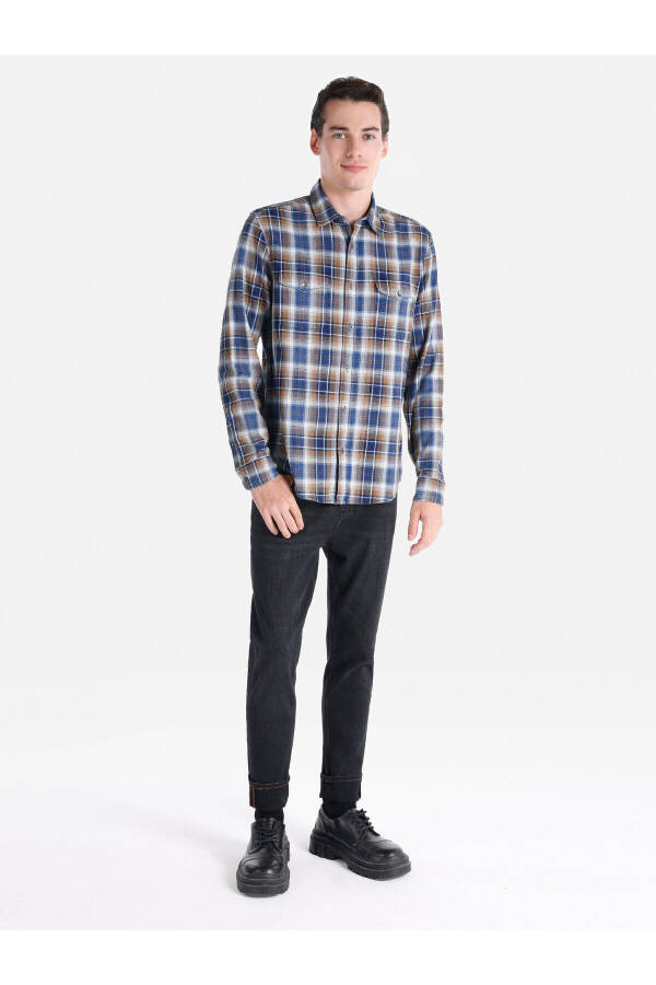 Slim fit checkered blue men's long-sleeved shirt - 3