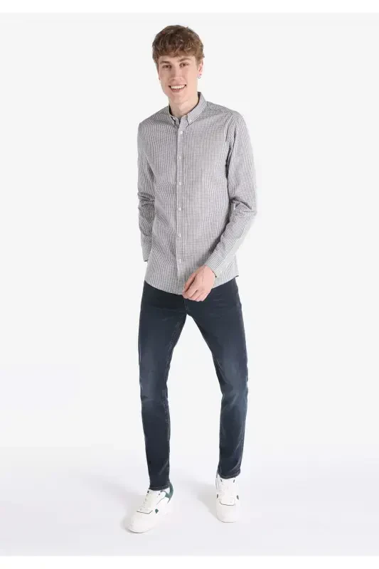 Slim fit, checkered, gray men's long-sleeved shirt. - 3
