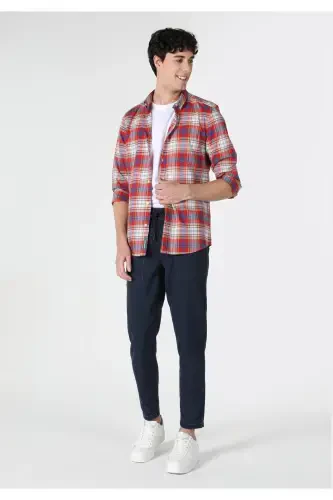 Slim fit, checkered, multi-colored men's long-sleeved shirt - 1