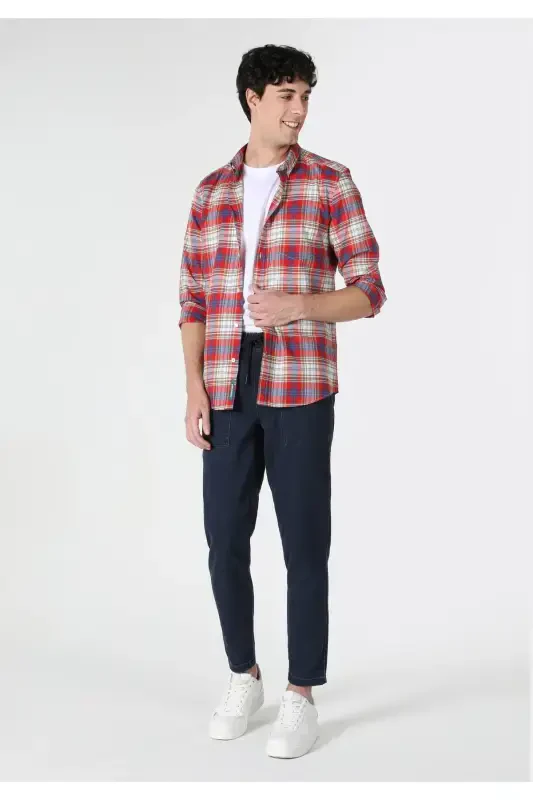 Slim fit, checkered, multi-colored men's long-sleeved shirt - 1