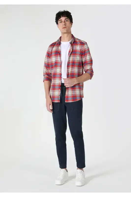 Slim fit, checkered, multi-colored men's long-sleeved shirt - 3