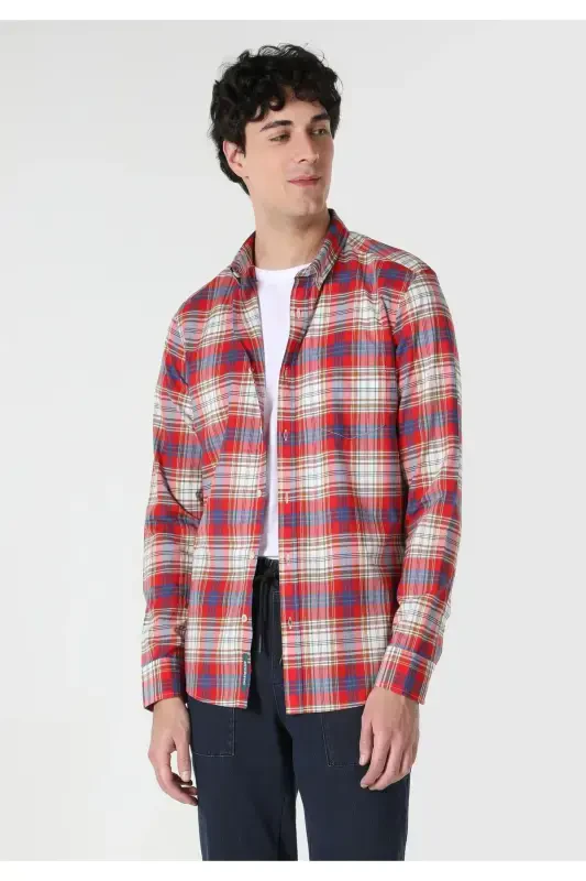 Slim fit, checkered, multi-colored men's long-sleeved shirt - 4