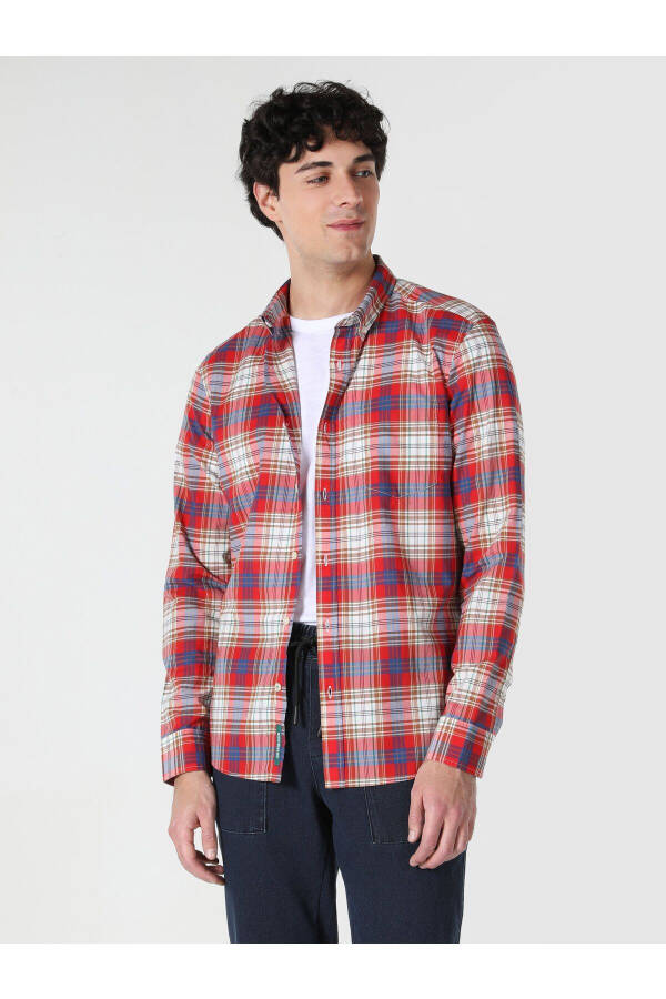 Slim fit, checkered, multi-colored men's long-sleeved shirt - 4