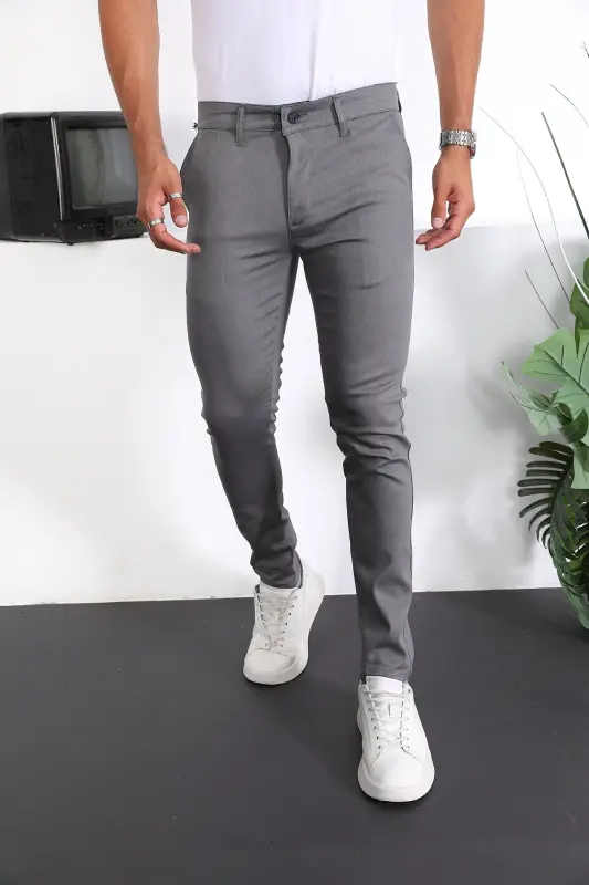 Slim Fit Chino Keten Pantolon - Gri - 1