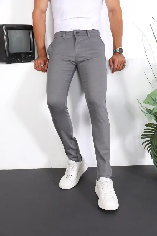 Slim Fit Chino Keten Pantolon - Gri - 2