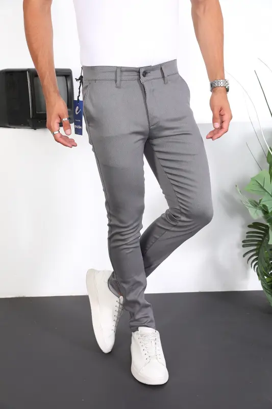 Slim Fit Chino Keten Pantolon - Gri - 6