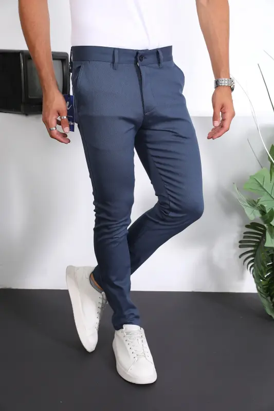 Slim Fit Chino Keten Pantolon - Mavi - 3