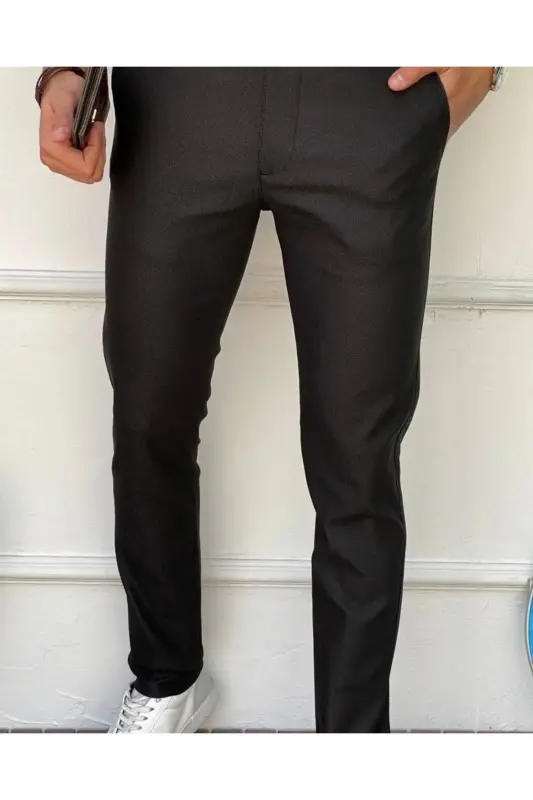 Slim Fit Chino Linen Trousers-Black - 1