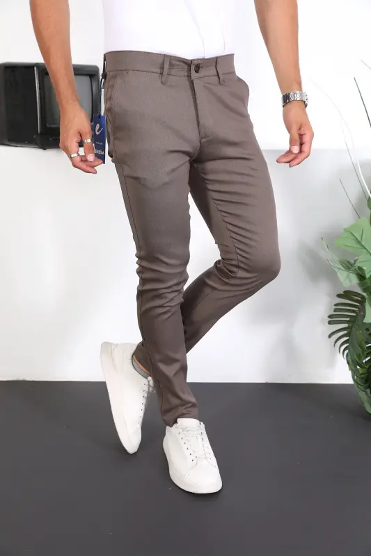 Slim Fit Chino Linen Trousers-Coffee - 4