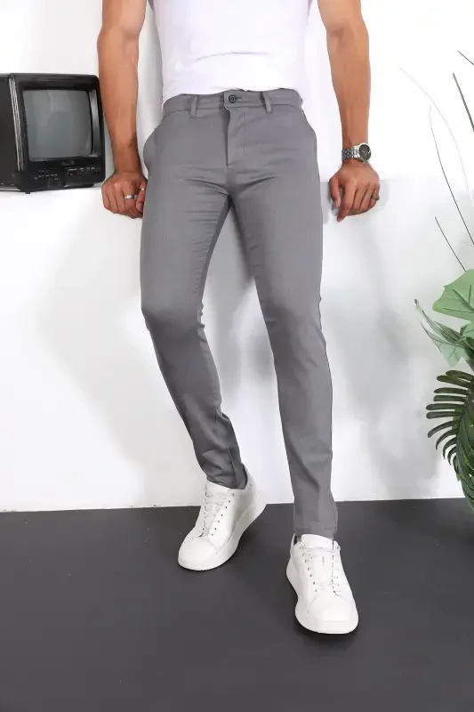 Slim Fit Chino Linen Trousers-Gray - 2