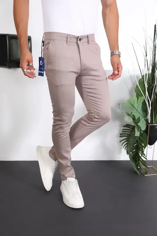 Slim Fit Chino Льняные Брюки-Бежевый - 3