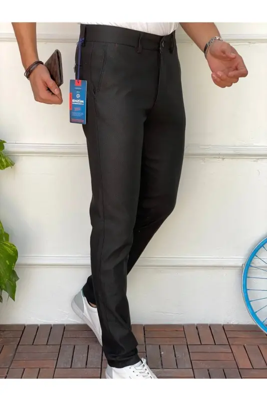 Slim Fit Chino Льняные Брюки-Черные - 2