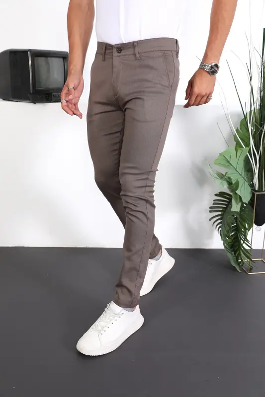 Slim Fit Chino Льняные Брюки-Кофе - 3