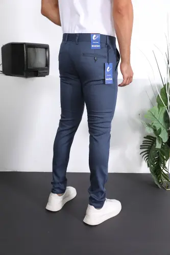 Slim Fit Chino Льняные Брюки-Синие - 4
