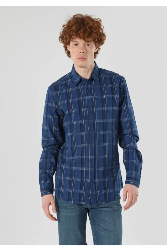 Slim Fit chiziqli ko'k erkaklar uzun yengli ko'ylak - 4