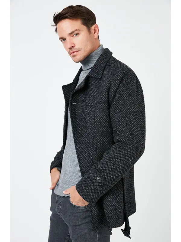 Slim Fit cho'ntakli paxtalik kaşmir erkaklar paltosi 5841015-Antrasit - 3