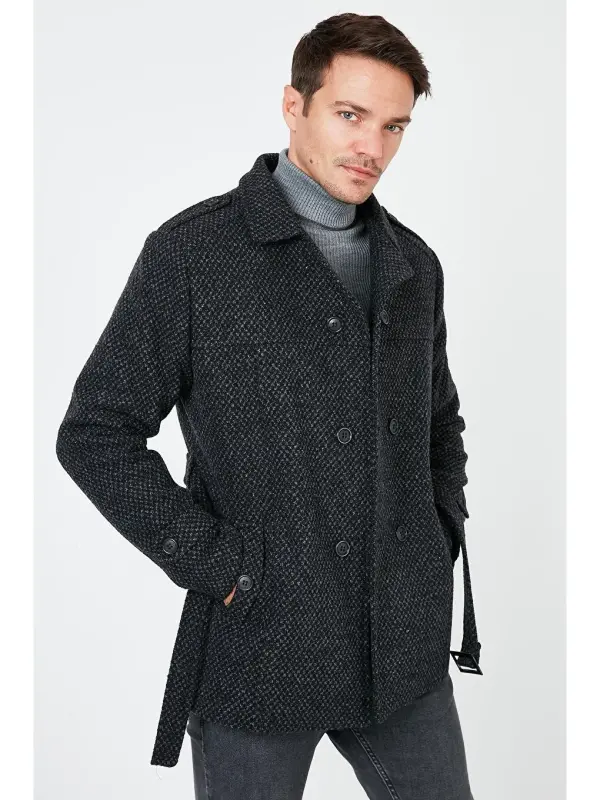 Slim Fit cho'ntakli paxtalik kaşmir erkaklar paltosi 5841015-Antrasit - 4