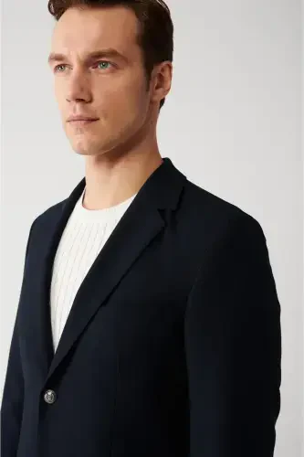 Erkek Lacivert Mono Yaka Kapaklı Cepli Astarlı Çift Yırtmaçlı Metal Düğmeli Blazer Ceket A32Y4029-Lacivert - 2