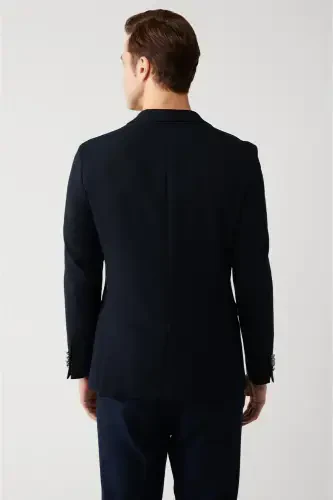 Erkek Lacivert Mono Yaka Kapaklı Cepli Astarlı Çift Yırtmaçlı Metal Düğmeli Blazer Ceket A32Y4029-Lacivert - 4