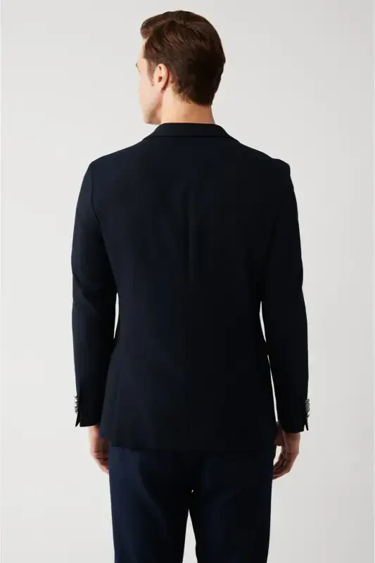 Erkek Lacivert Mono Yaka Kapaklı Cepli Astarlı Çift Yırtmaçlı Metal Düğmeli Blazer Ceket A32Y4029-Lacivert - 4